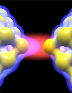 lasmons in a pair of gold nanotips concentrate light from a laser, amplifying it by a factor of 1,000