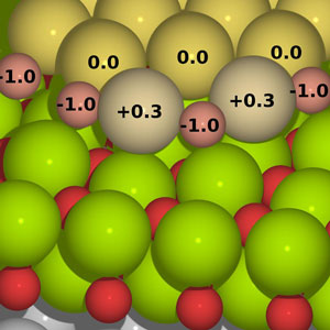 A predicted atomic configuration of the gold-oxide chains at the boundary of a monolayer-thick gold cluster