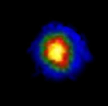 Image of a single ion that had been trapped in an optical potential. The colours encode the intensity of its emitted fluorescence light