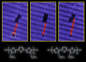 STM images of extended vacancy in 3,3 DOTT monolayer showing control manipulation with single molecule