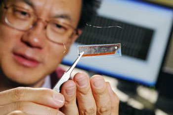 Professor Zhong Lin Wang holds an earlier version of the nanogenerators developed using zinc oxide nanowires