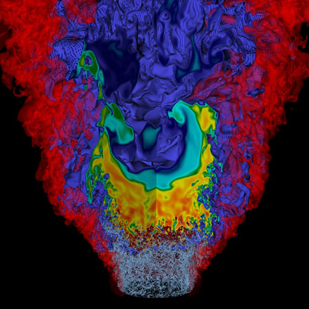 Simulation of a lean hydrogen-air mixture burning in a low-swirl injector
