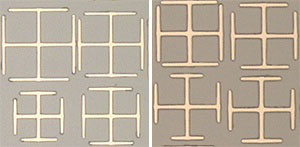 Two examples of hybrid metamaterials consisting of a planar array of split ring resonators of various sizes
