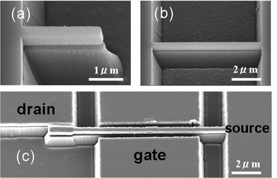 Scanning electron microscope images of the suspended structures of single crystal diamond, cantilever, bridge, and 3-terminal NEMS switch