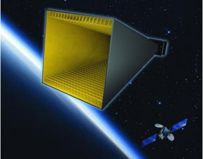 This is a 3-D rendering of a metamaterial-lined feed horn antenna with low loss, low weight and over an octave bandwidth for satellite communications shown with satellite