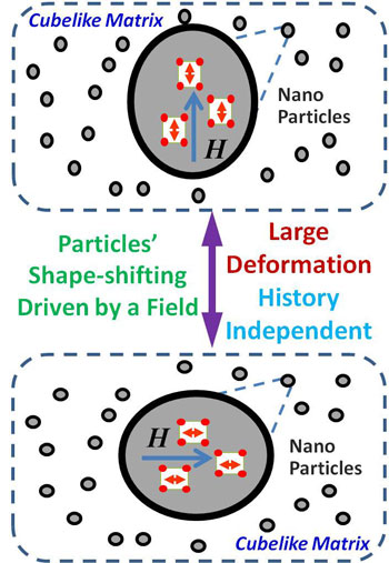 The crystal structure of nanoparticles embedded in an alloy can be realigned under an electric or magnetic field, which in-turn deforms the material