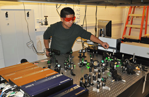 Graduate student Huarui Sun performs sensitive measurement of interfacial thermal transport using an ultrafast laser system