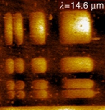 This atomic-force microscopy image shows the strontium ruthenate rectangles that were imaged with perovskite-based superlens using incident IR light of 14.6 micrometer wavelengths