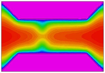 A graphical representation of the calculated electrostatic potential on the surface of liquid helium within a constricted passage on a silicon chip