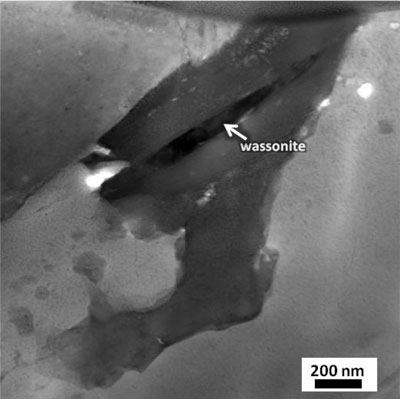 A bright field scanning transmission electron microscope (STEM) micrograph showing a Wassonite grain in dark contrast