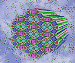 Artist impression of the complex multicolour honeycomb liquid crystal structure.