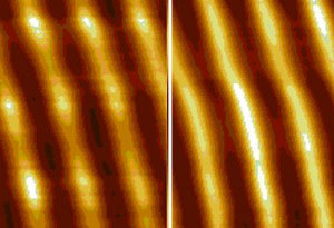 Atomic force microscope image measurements of the same structure in conventional shear mode (left) and using the second resonance regime (right)