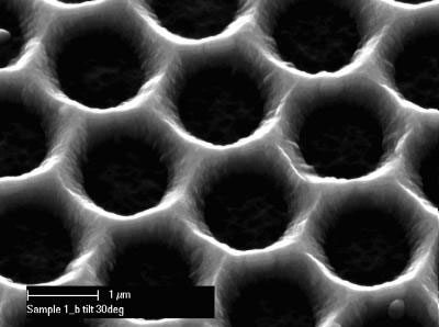 This SEM micrograph shows the nanostructured ZnO layer, Swiss cheese design for Micromorph solar cells