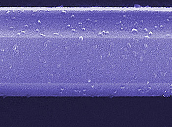 Scanning electron microscope image of a gas sensor segment fabricated of a semiconducting nanowire of gallium nitride