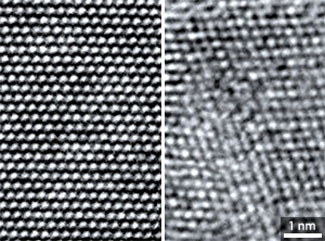 Transmission electron microscopy images showing the atomic structure of silicon nanowires before and after bending