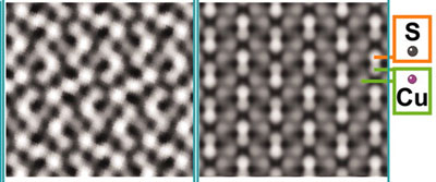 TEAM 0.5 micrographs showing the low-chalcocite (left) and high-chalcocite atomic structures of a copper sulfide nanorod
