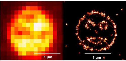 Mikroskopisches smiley aus einzelnen mit Laserlicht zum Leuchten gebrachten Molekülen gebaut
