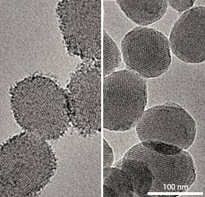 Transmission electron microscopy images showing capped silica-based nanoparticles