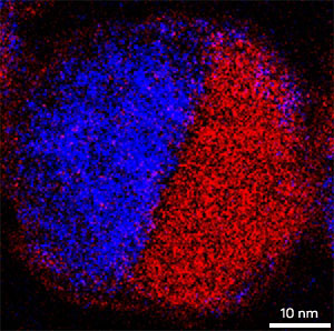Energy-filtered transmission electron microscopy image of a two-component hexagonal nanodisk showing the distributions of cadmium (blue) and copper (red)