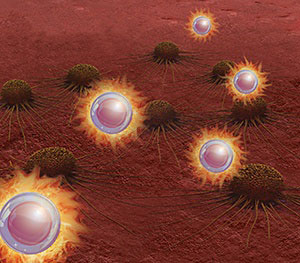 Illustration of core–shell magnetic nanoparticles generating heat under an electromagnetic field and killing cancer cells by hyperthermia