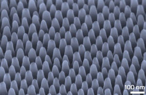 Fine arrays of nanopillars can be patterned onto a silicon surface using a self-assembling polymer template