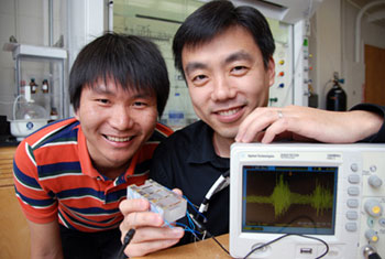 Graduate Student Jian Shi and Materials Science and Engineering Professor Xudong Wang demonstrate a material that could be used to capture energy from respiration