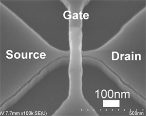 SEM image of an upright-type double-gate MOS transistor