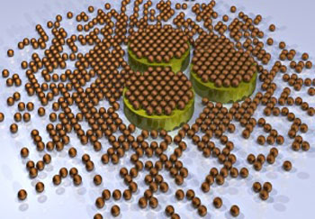 Illustration of gold nanoparticle spheres on a gold nanodisc trimer