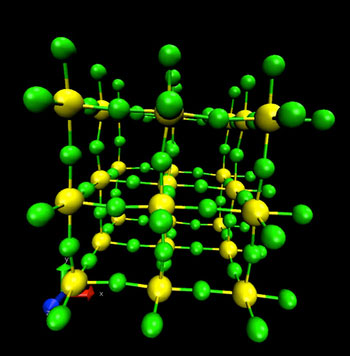 Heat causes the atoms in scandium trifluoride to vibrate, as captured in this snapshot from a simulation
