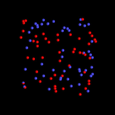 Electrons (blue balls) and holes (red balls) show random thermal motion before the terahertz pulse hits the sample