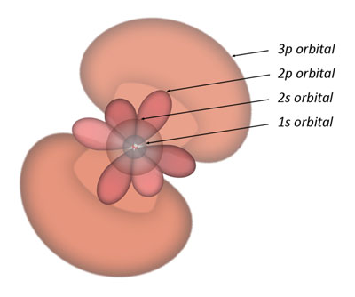 A neon atom has two electrons in the 1s orbital, two in the 2s orbital, and six in the 2p orbital; the 3 shell is normally unoccupied