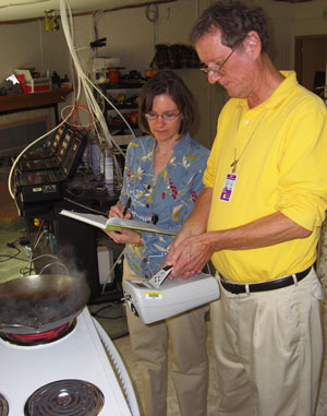 NIST researcher Cynthia Howard Reed and guest researcher Lance Wallace measure nanoparticles emitted by common household appliances