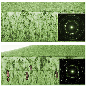 Transmission electron microscope (TEM) images show sections of a continuous 400-nanometer-thick magnetic film of a nickle-iron-copper-molybdenum alloy (top) and a film of the same alloy layered with silver every 100 nanometers (bottom)