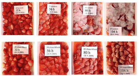 Strawberries in a conventional food container (upper row) and nano-silver container (lower row)