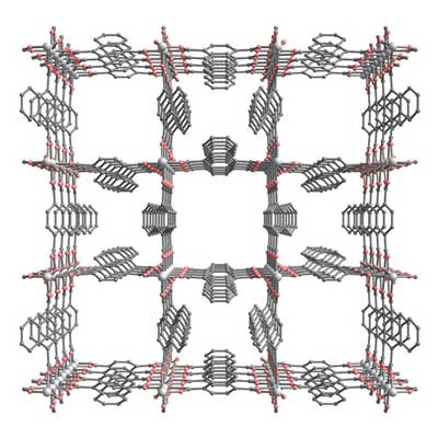 A schematic of the metal-organic framework, which contains a highly ordered network of small and large nanopores