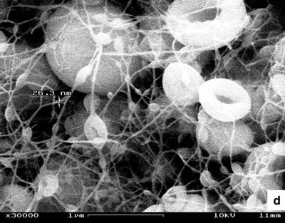 Electron microscope view of platinum nanowires with beads