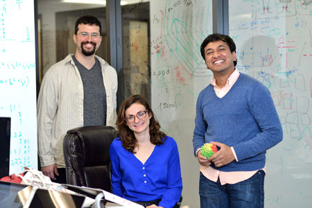 	From left are, Erez Lieberman Aiden, Harvard graduate student Miriam Huntley and Suhas Rao of Baylor College of Medicine's Center for Genome Architecture