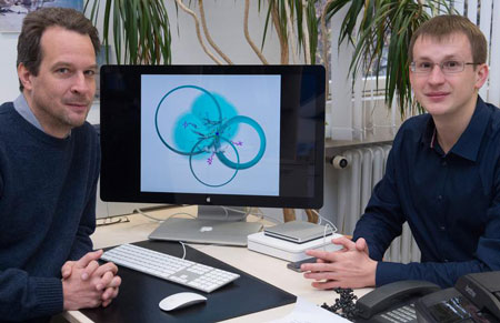 Prof. Dr. Olav Schiemann (left) and doctoral student Dinar Abdullin with an image of the enzyme azurine