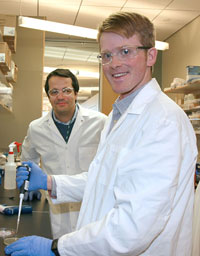 Dr. Leonidas Bleris (left), assistant professor of bioengineering at UT Dallas, and Richard Taplin Moore