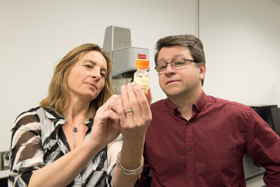 Sophie Lerouge and Réjean Lapointe examine the cancer fighting biogel they have developed