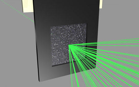 a chip loaded with nanocrystals is scanned by the fine X-ray beam (green) pore by pore