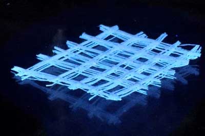 A photograph of a regenerated 3-D silk fiber mat under UV light
