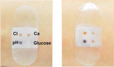 Biosensor bandage before (left) and after (right) sweat secretion
