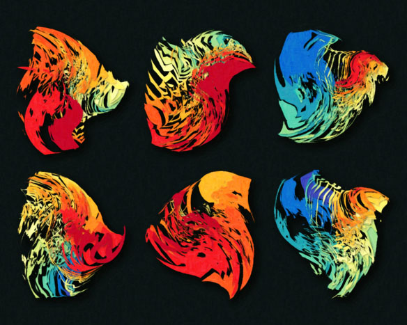fitness landscapes, shown here and rendered in the shape of fossilized birds and fish