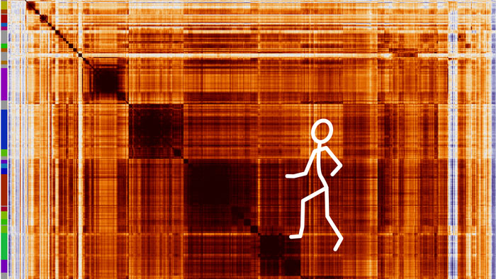 A person climbs a set of 'stairs' on a gene perturbation heat map