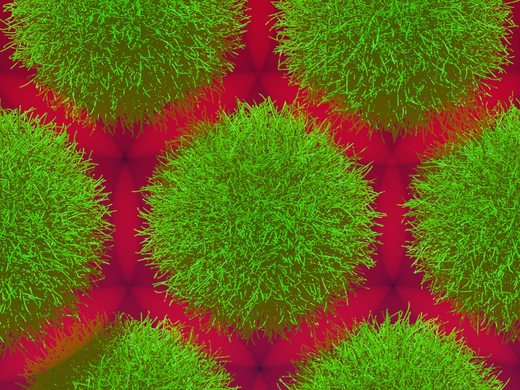 This graphical simulation shows the microgel particles (green) arranging themselves in the liquid, with their overlapping ion clouds (red) on their surface