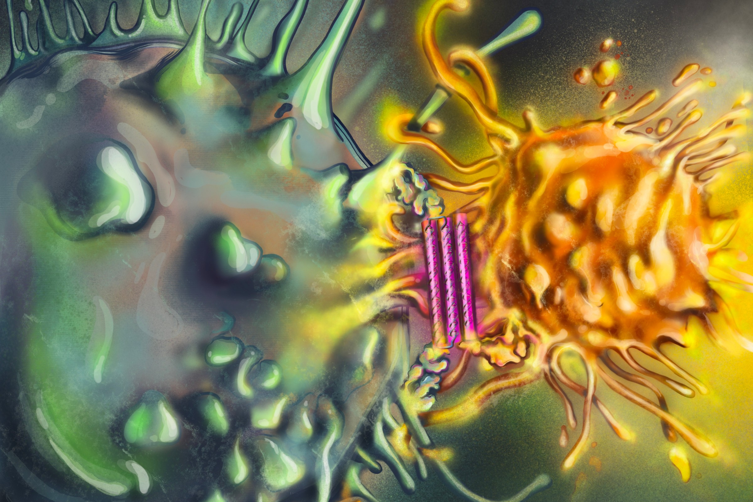 Artwork of a T cell recruited by a DNA origami PTE attached to a tumor cell