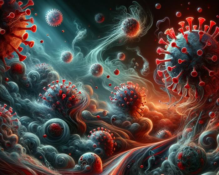 Illustration of multiple viruses in a fluid turbulent environment interacting with human cells