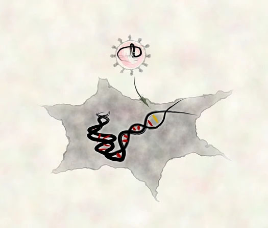 Artistic depiction of ENVLPE delivering a gene-editing tool towards a recipient cell