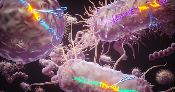 Artwork depicting various sequences of single-stranded DNA being cleaved by distinct bacterial homologs of the novel Ssn enzyme family